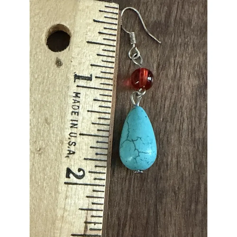 Faux Turquoise Dangle Pierced Earrings w/.925 SS Hooks 1 3/4
